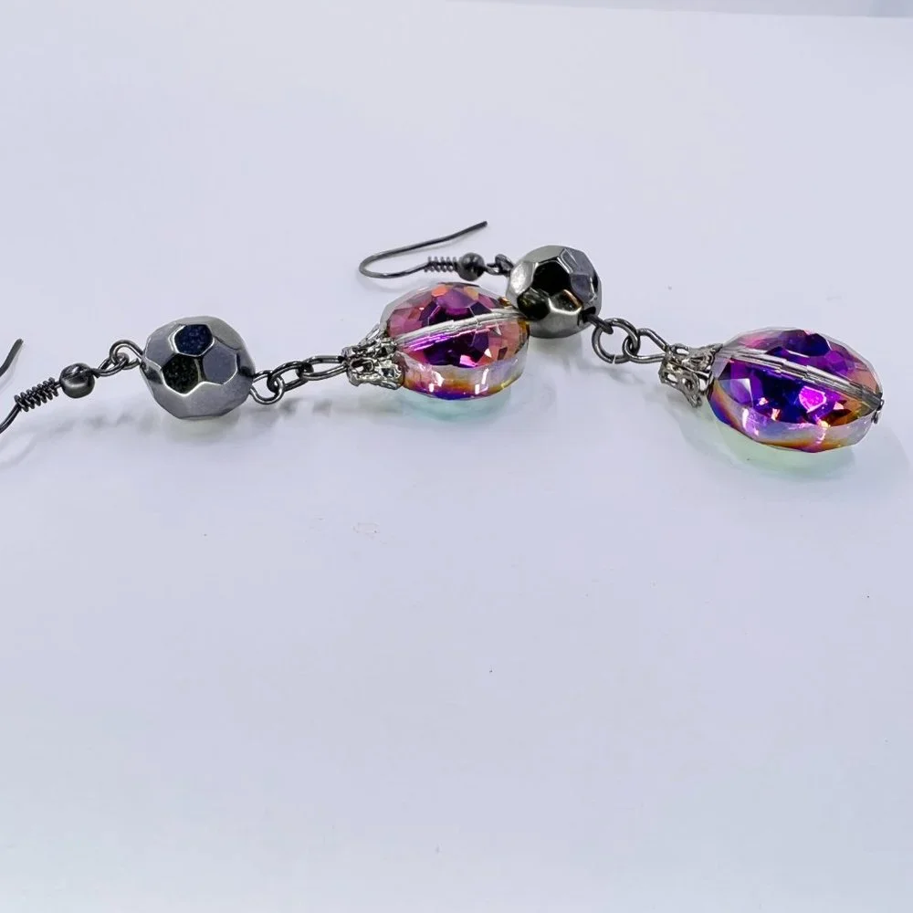 New / Handcrafted - Iridescent Faceted Crystal Drop Black Tone Fishhook Earrings - Picture 5 of 7